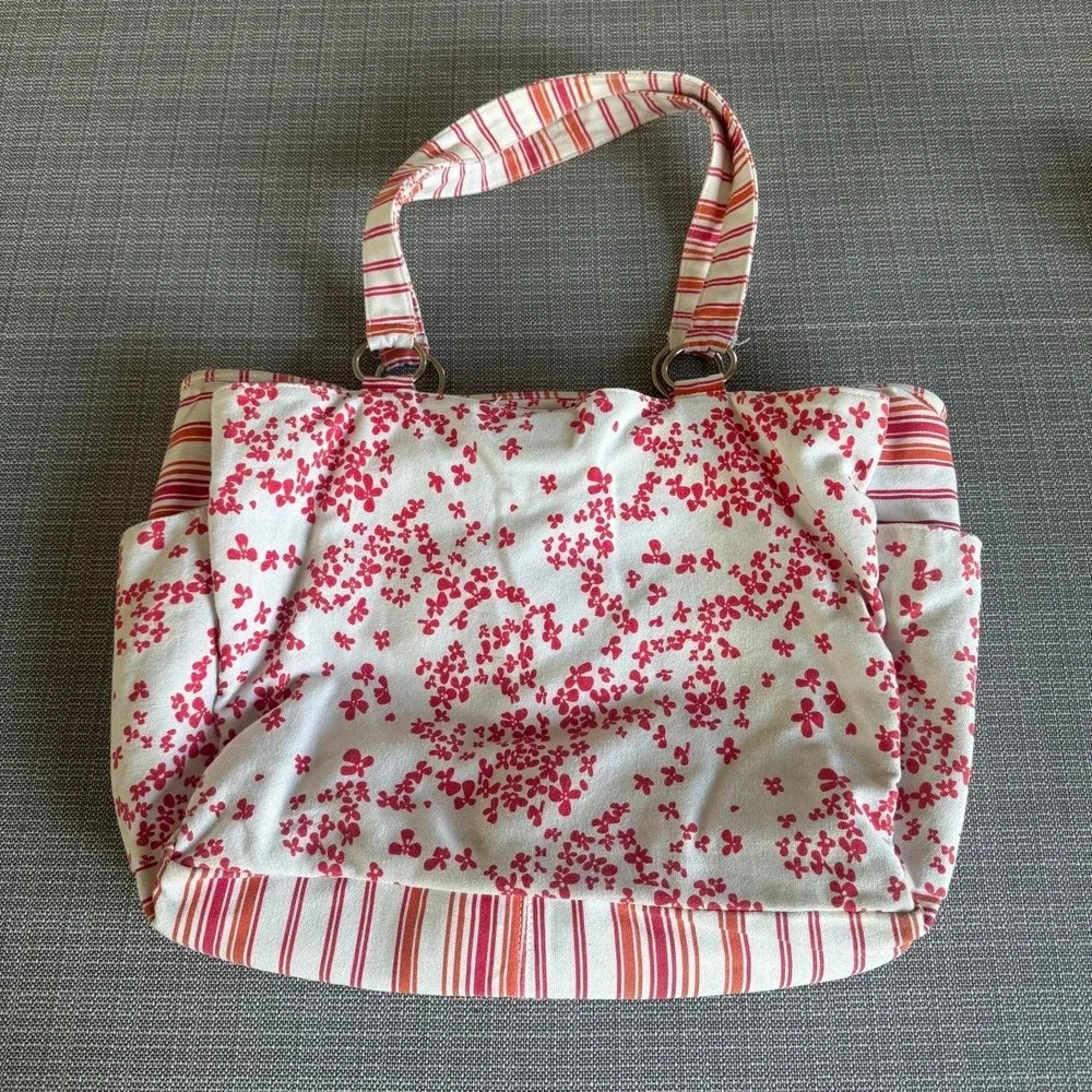 Roxy white and red/orange floral striped tote bag